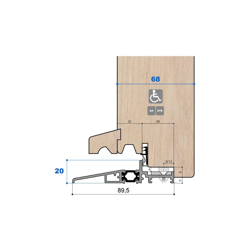 Seuil pont thermique H 20, porte 68 mm Gorge 22 mm